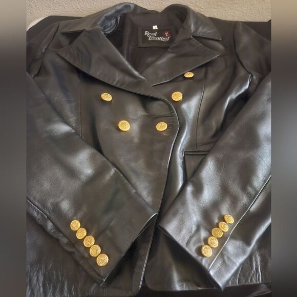 Vintage Real Leather Black Double Breasted Gold Button-up Leather Jacke… - Picture 7 of 8